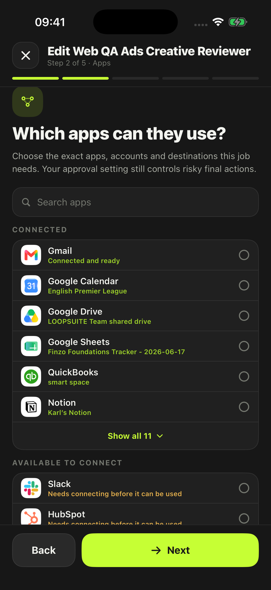 The &ldquo;Which apps can they use?&rdquo; step on an iPhone, listing connected accounts — Gmail, Google Calendar, Google Drive, Google Sheets, QuickBooks and Notion — each with a selector, above apps that still need connecting.