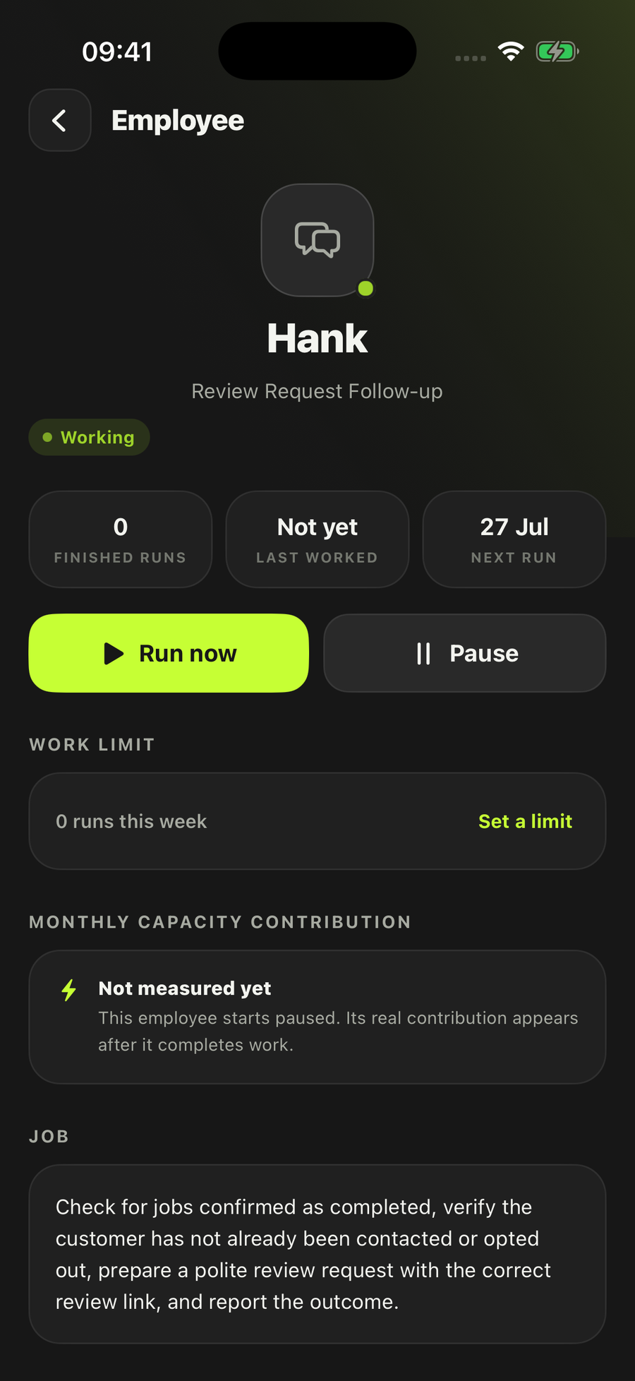 An employee's page on an iPhone: its name, its job — Review Request Follow-up — a Working status, finished runs, next run date, Run now and Pause buttons, and the brief it works to.