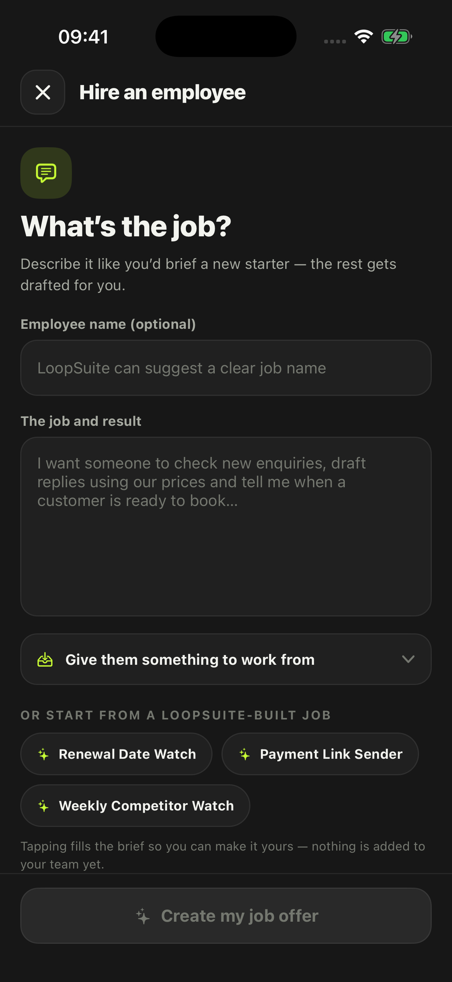 The Hire an employee screen on an iPhone, asking “What’s the job?” with a free-text brief and shortcuts to LoopSuite-built jobs.