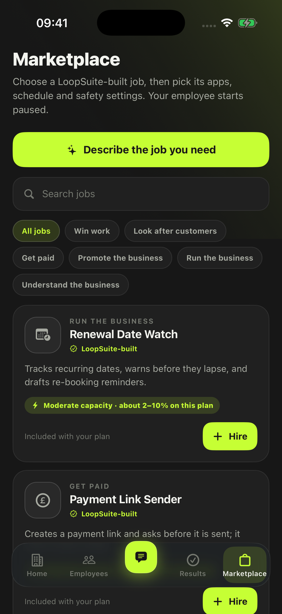 The LoopSuite Marketplace on an iPhone, listing LoopSuite-built jobs such as Renewal Date Watch and Payment Link Sender, each with its own Hire button.