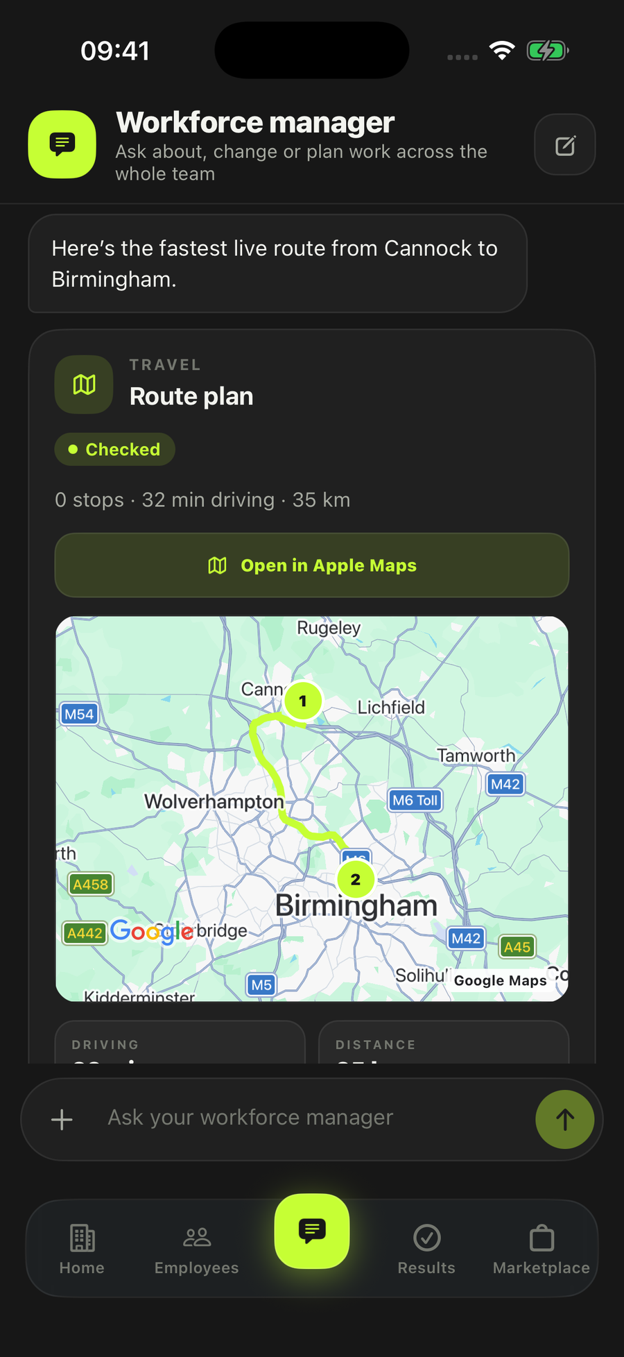 The LoopSuite workforce manager on an iPhone, answering a one-off request with a route plan result marked Checked, showing driving time, distance and a map.